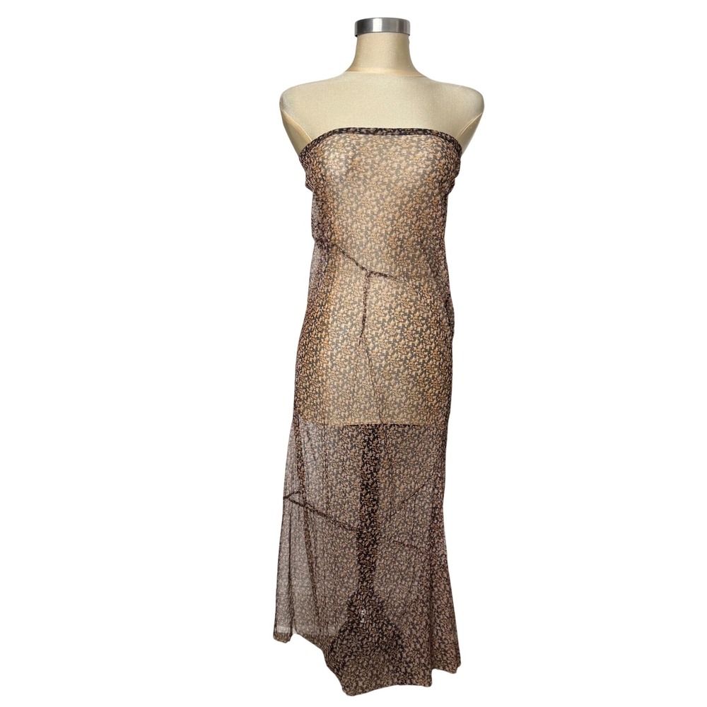 Chan Luu Brown Abstract Print Sheer Mesh Strapless Maxi Dress Large